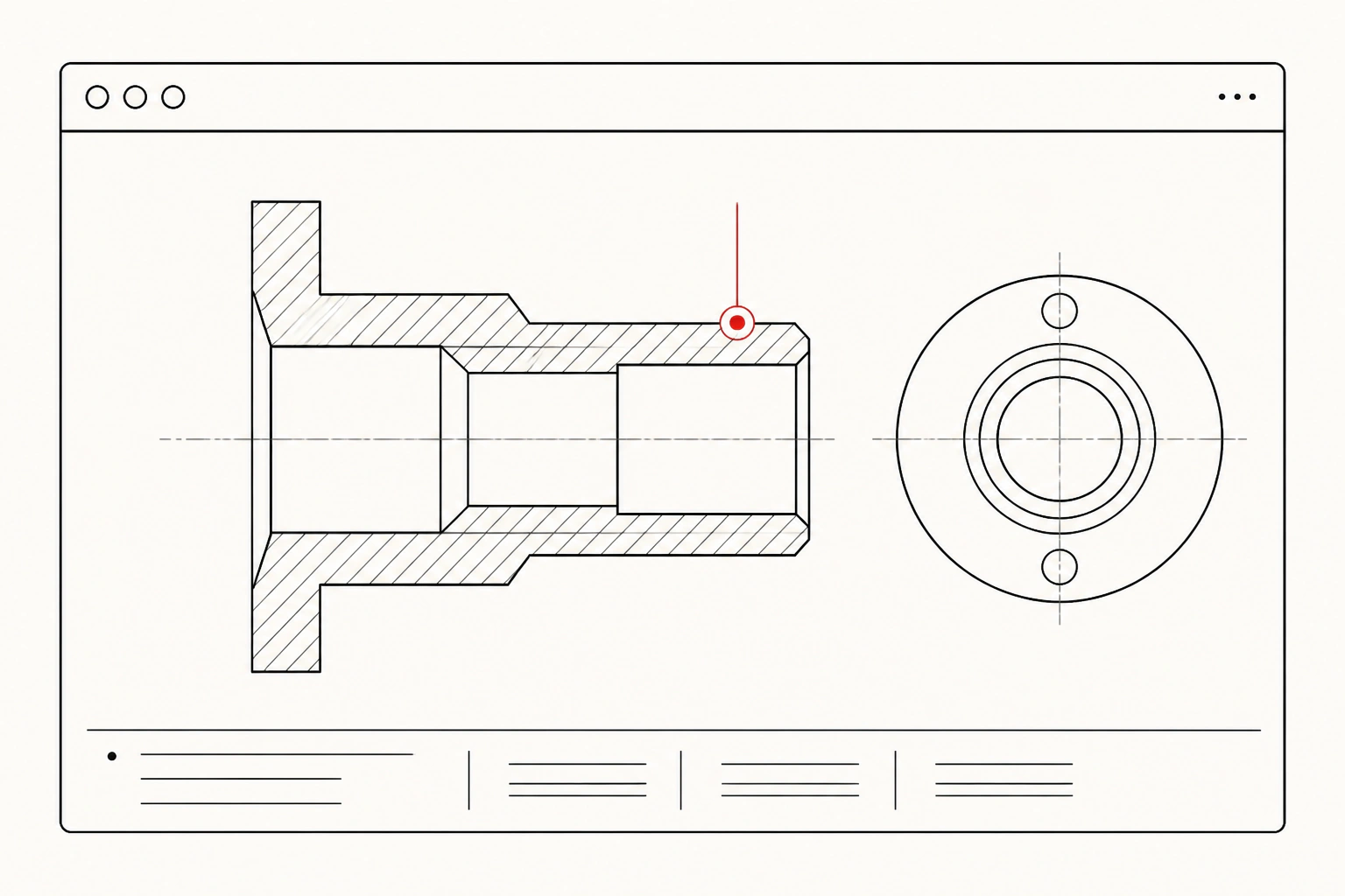 A precision-machined flanged bushing is shown in aligned section and end views with one selected feature.