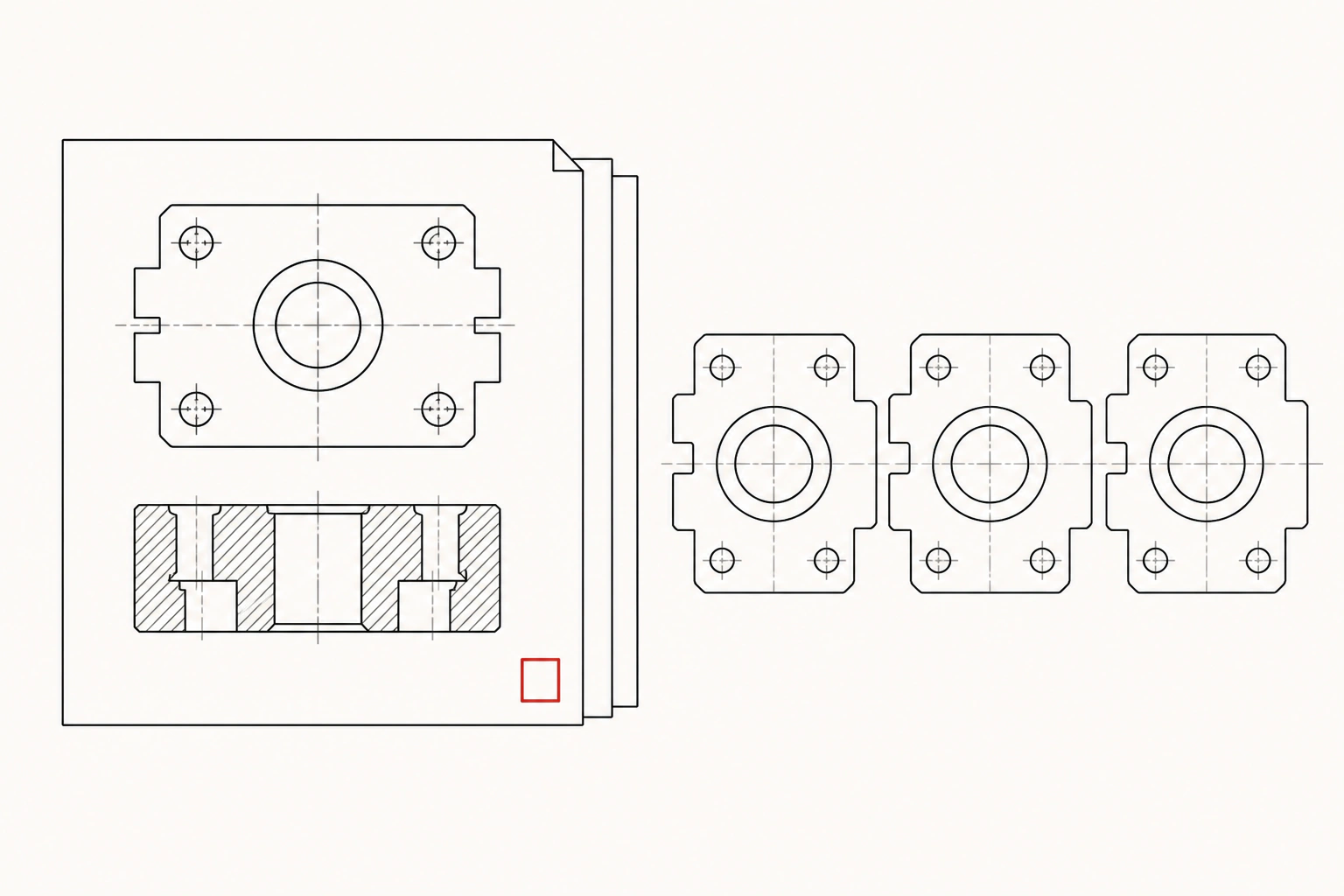 A controlled engineering drawing is paired with three identical components to represent build-to-print repeat production.