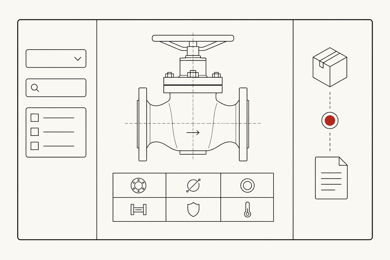 An industrial catalog interface connects a product record, technical specifications, availability, and a quote path.