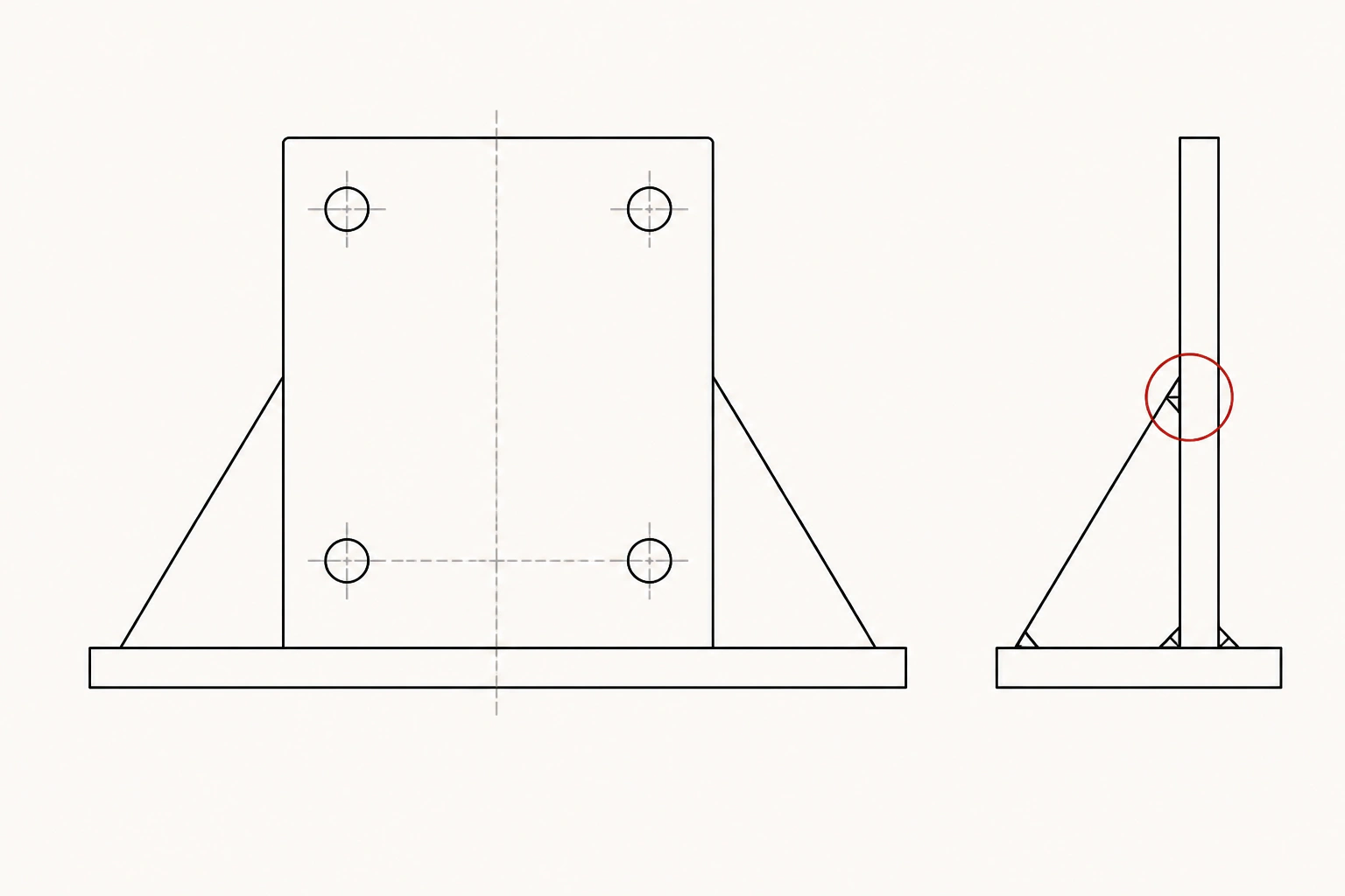 Front and side technical views show a fabricated plate-and-gusset bracket with one weld joint selected for attention.