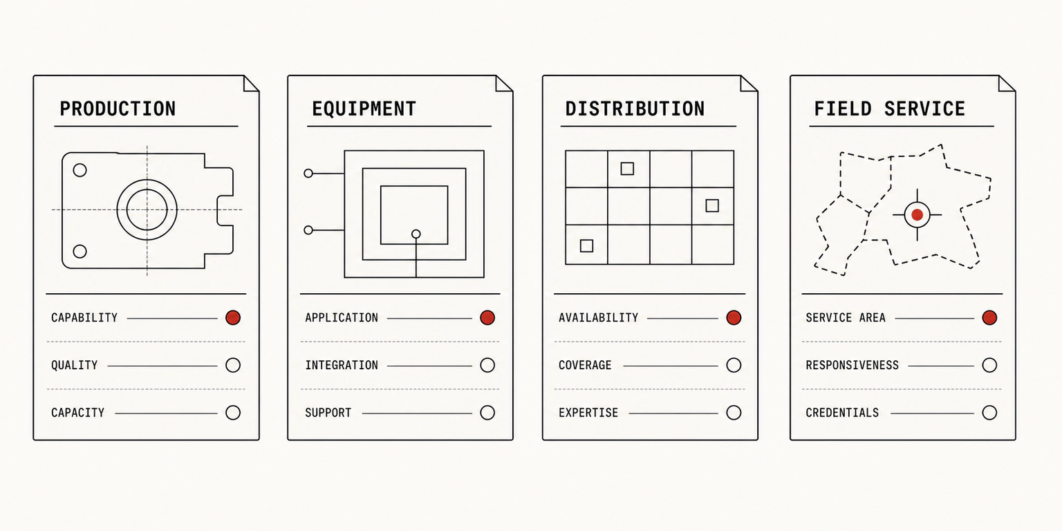 Four evaluation sheets show that production companies, equipment builders, distributors, and field-service firms are assessed by different buyer criteria.